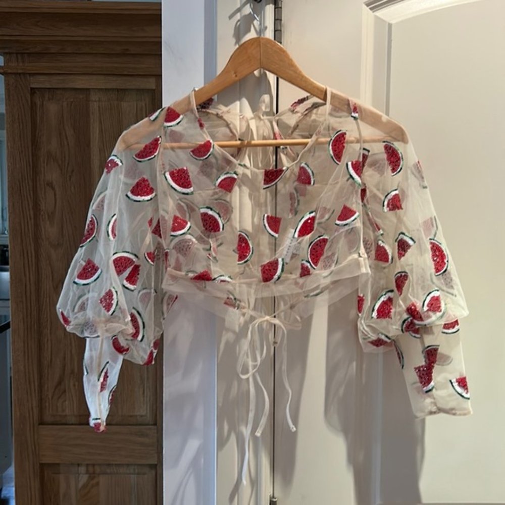 TOPSHOP women’s watermelon print sequins sheer top US 4 - Picture 3 of 9